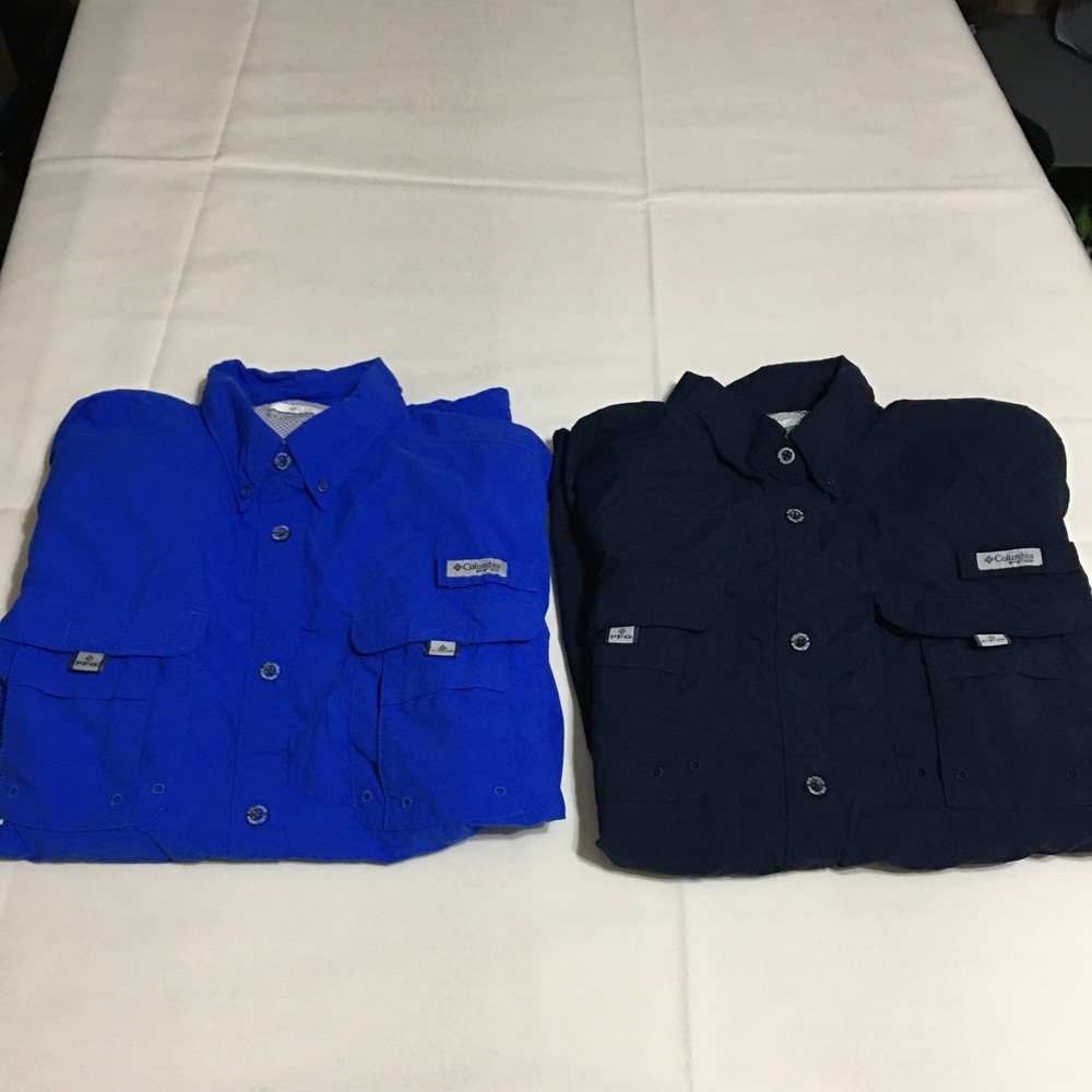 Lot of 2 Columbia PFG Fishing Shirt Women Large Blue Navy Short Sleeve Vented
